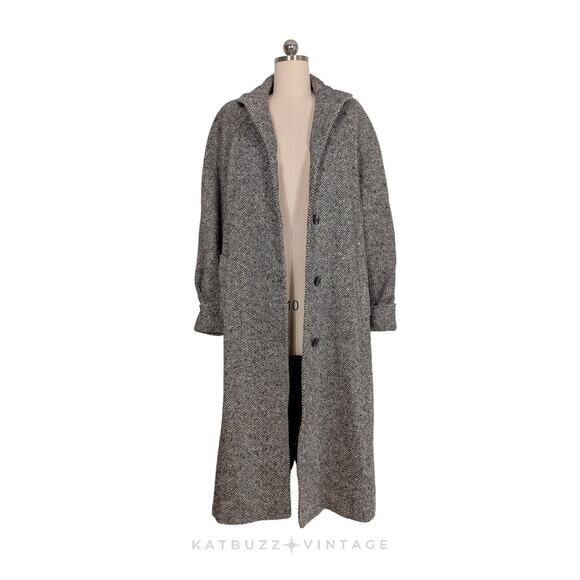 Vintage Wool Blend Coat L Black Cream 80s 90s Overcoat Trench Herringbon Classic - Picture 4 of 16